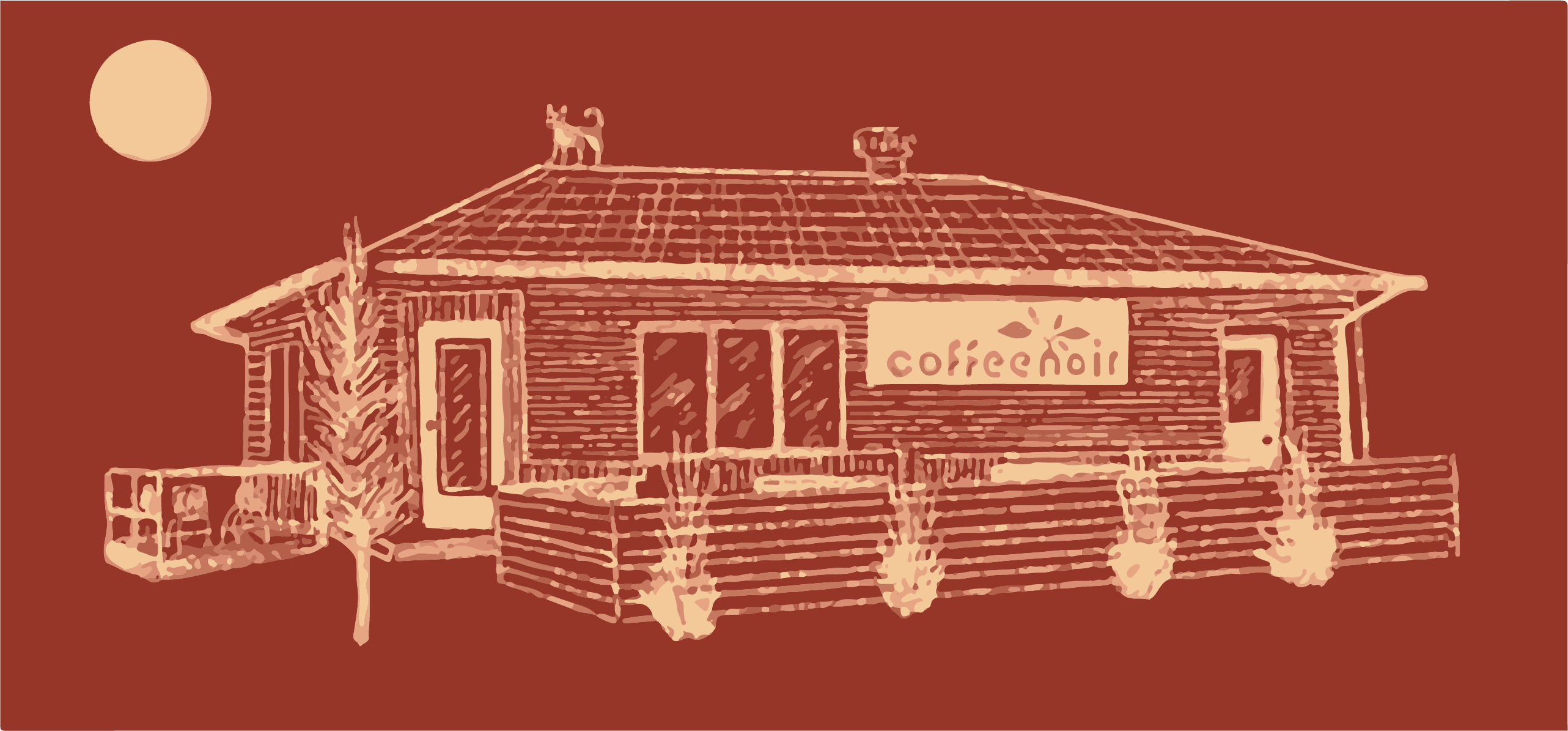 small coffee shop line drawing with a patio a moon and a dog on the roof